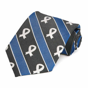 Black and blue stripe with white lung cancer awareness ribbon cotton/silk 63" extra long necktie.