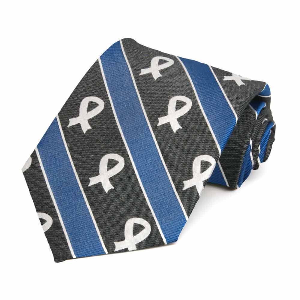 Black and blue stripe with white lung cancer awareness ribbon cotton/silk necktie.