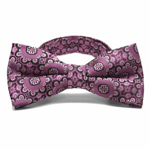 Front view of a deep magenta floral pattern bow tie
