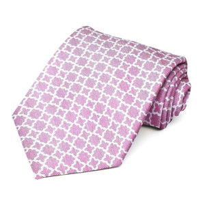 Rolled view of a magenta extra long tie featuring a white trellis pattern