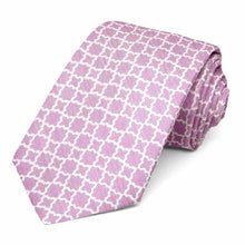 Load image into Gallery viewer, Magenta tie featuring a white trellis pattern, rolled to show woven texture