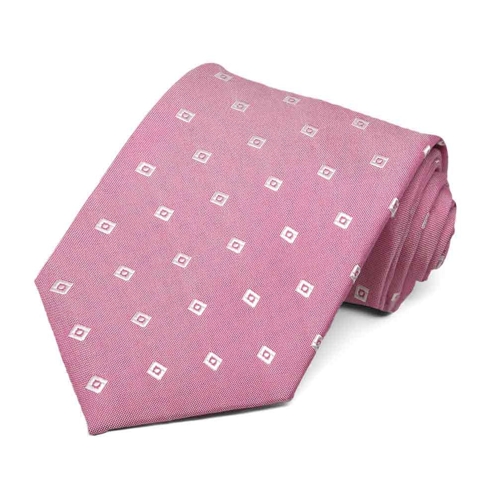 Light magenta necktie rolled to show small white square pattern