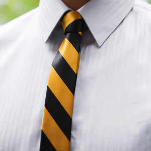 A man wearing a black and gold bar striped skinny tie with a light gray shirt