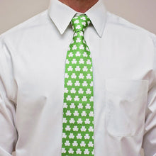 Load image into Gallery viewer, Man wearing a white dress shirt and shamrock tie