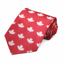 Load image into Gallery viewer, White maple leaf silhouettes on a red tie.