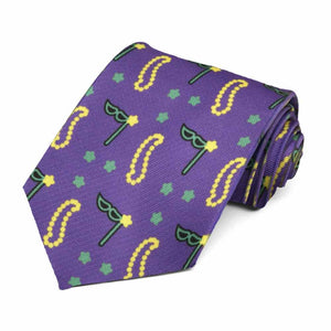 Masks and beads in a mardi gras novelty tie in dark purple