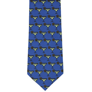 Front view margarita themed novelty tie in dark blue and lime green