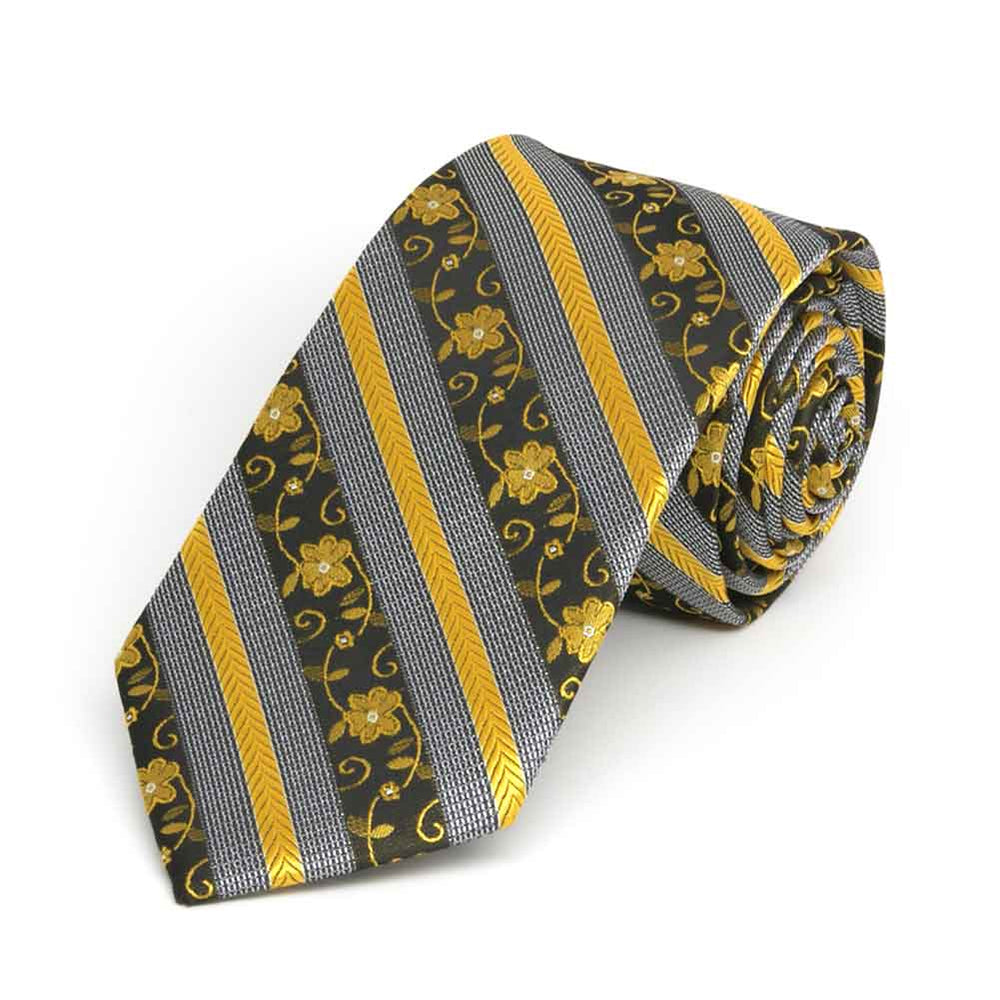 Rolled view of a black and yellow floral stripe slim necktie