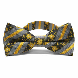 Black and yellow floral stripe bow tie, front view