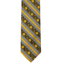 Load image into Gallery viewer, The front tip view of a marigold and gray floral striped tie