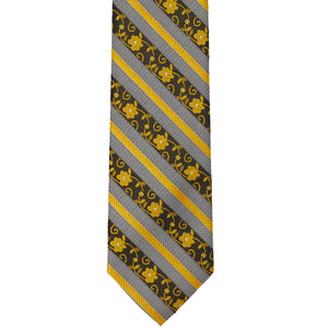 The front tip view of a marigold and gray floral striped tie
