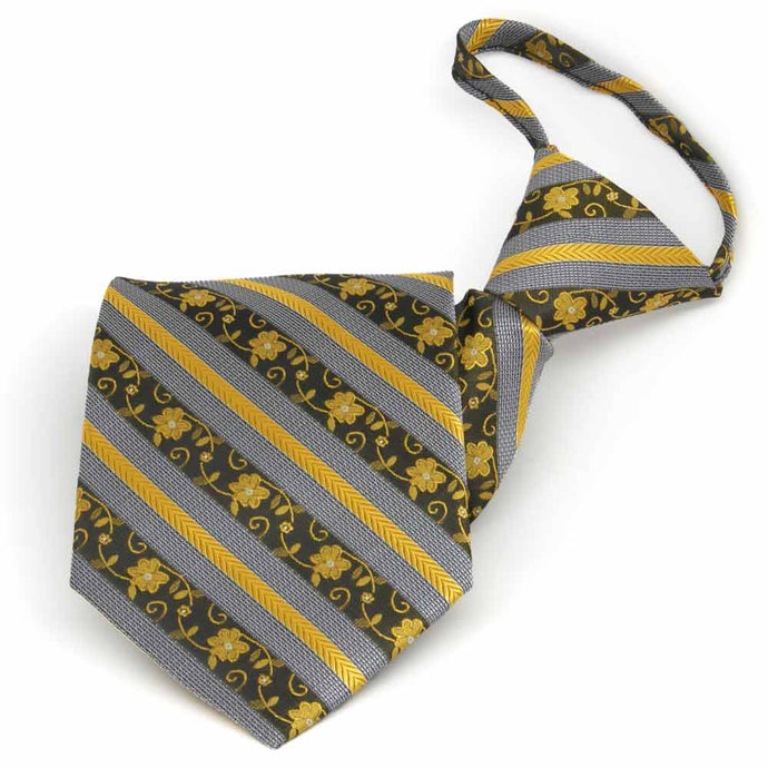Black and yellow floral stripe zipper style tie, folded front view
