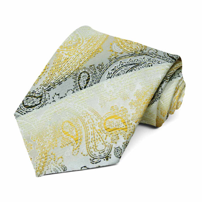 Yellow and gray paisley necktie, rolled view