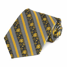 Load image into Gallery viewer, Rolled view of a black and yellow floral stripe extra long necktie