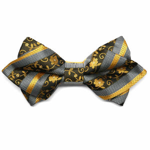 Black and yellow floral stripe diamond tip bow tie, front view