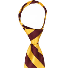 Load image into Gallery viewer, Closeup of the knot on a maroon and golden yellow striped zipper tie
