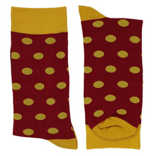 Load image into Gallery viewer, Pair of maroon and gold polka dot socks