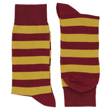 Load image into Gallery viewer, Pair of men&#39;s maroon and gold striped socks, horizontal striped