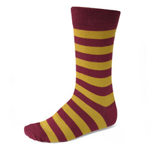 Load image into Gallery viewer, Men&#39;s maroon and gold striped dress socks