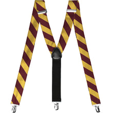 Load image into Gallery viewer, Maroon and gold striped suspenders