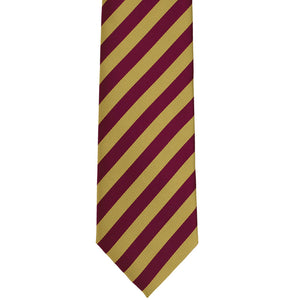 Front view of a maroon and gold textured striped tie