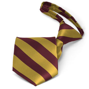Pre-tied maroon and gold striped zipper tie
