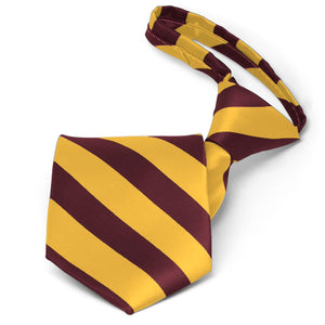 Pre-tied maroon and golden yellow striped zipper tie