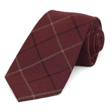 Load image into Gallery viewer, Maroon plaid wool tie, rolled to show texture