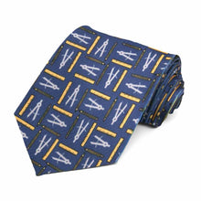 Load image into Gallery viewer, Mathematical tools in yellow and white on a darker blue tie.