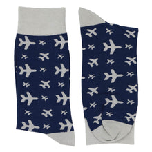 Load image into Gallery viewer, Navy blue socks with gray airplanes