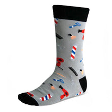 Load image into Gallery viewer, Men&#39;s black and gray babershop tools sock