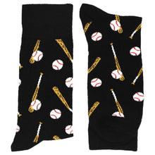 Load image into Gallery viewer, Pair of men&#39;s black socks, folded, with a scattered baseball and bat theme