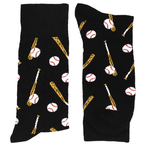 Pair of men's black socks, folded, with a scattered baseball and bat theme