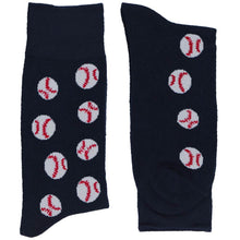 Load image into Gallery viewer, A folded pair of men&#39;s navy blue baseball socks with a scattered novelty baseball design