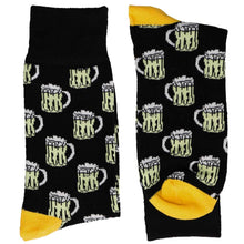 Load image into Gallery viewer, Folded pair of men&#39;s beer mug socks in black and yellow