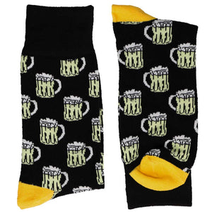 Folded pair of men's beer mug socks in black and yellow