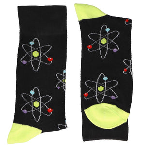 Men's black and lime green socks with an atom pattern