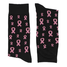 Load image into Gallery viewer, Pair of black socks with breast cancer awareness pink ribbon design