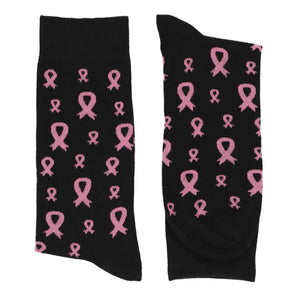 Pair of black socks with breast cancer awareness pink ribbon design
