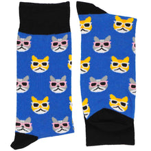 Load image into Gallery viewer, A folded pair of blue socks with cats wearing sunglasses