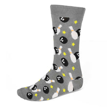 Load image into Gallery viewer, Men&#39;s bowling theme dress socks on gray background