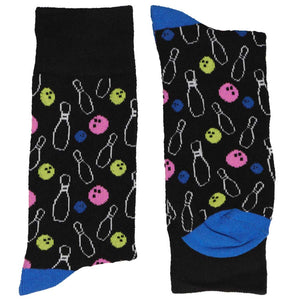 Folded pair of black and blue men's socks with a colorful bowling pattern