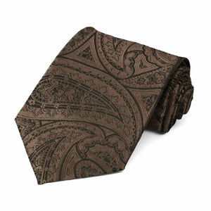 A brown necktie with a large paisley pattern