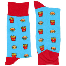 Load image into Gallery viewer, Folded pair of men&#39;s burger and fries novelty socks in turquoise and red