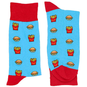 Folded pair of men's burger and fries novelty socks in turquoise and red