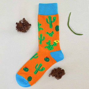 A single cactus sock photographed on a cream  background next to tumbleweed and a cactus