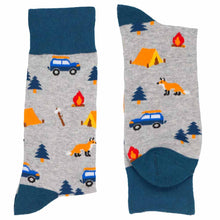 Load image into Gallery viewer, A folded pair of camping themed novelty socks in gray and blue