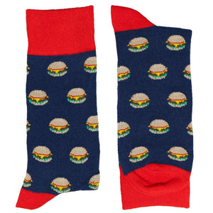 Folded pair of men's cheeseburger socks in blue and red