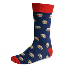Load image into Gallery viewer, Men&#39;s cheeseburger theme socks in dark blue and red