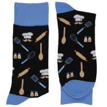 Load image into Gallery viewer, A pair of black and blue chef themed socks